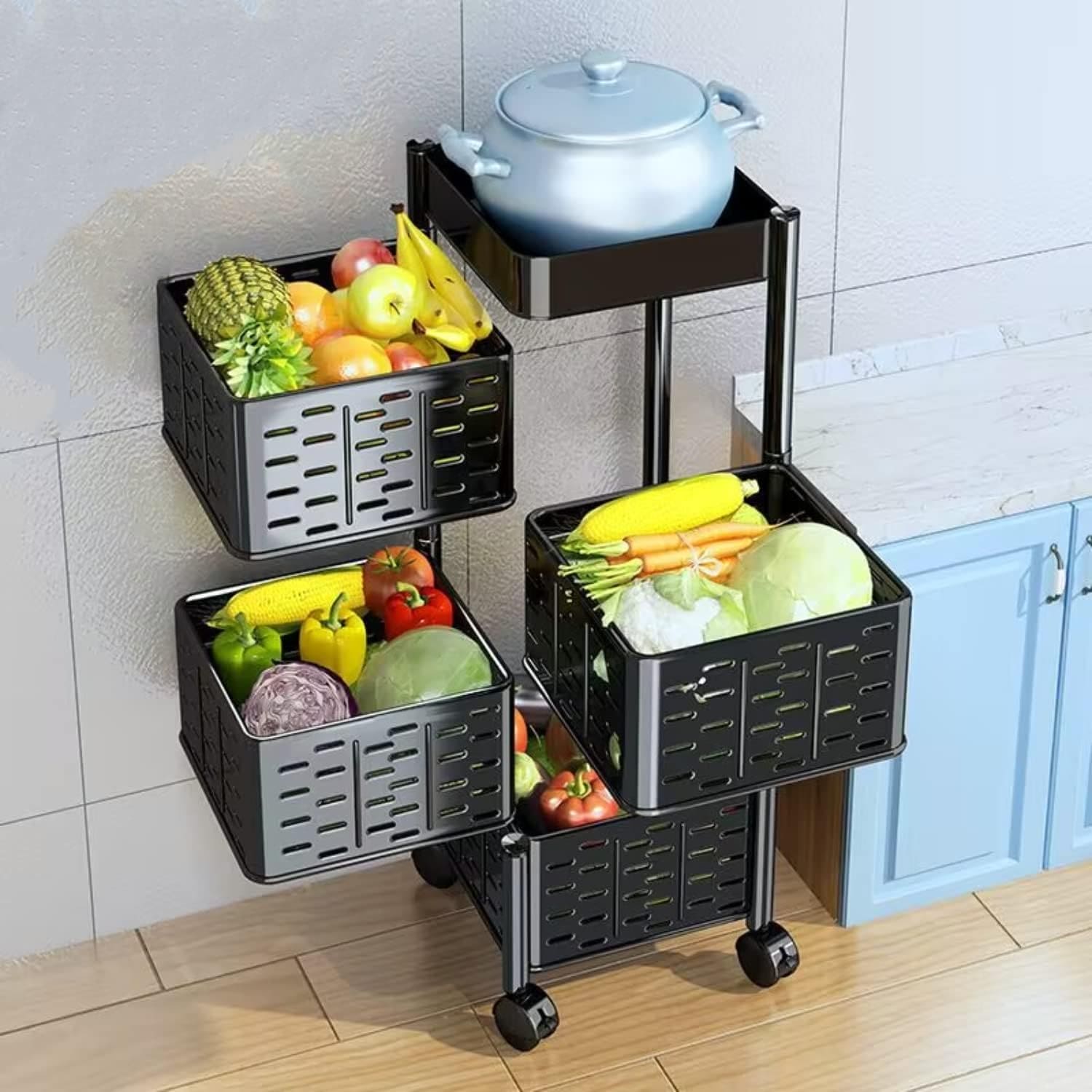 Square Multi Tier Rotating Storage Basket, 360° Rotating Fruit and Vegetable Stand, Kitchen Storage Rack with Mesh Baskets & Wheels, Mobile Kitchen Storage Fruit and Vegetable Holder Square Multi Tier Rotating Storage Basket, 360° Rotating Fruit and Vegetable Stand, Kitchen Storage Rack with Mesh Baskets & Wheels, Mobile Kitchen Storage Fruit and Vegetable Holder